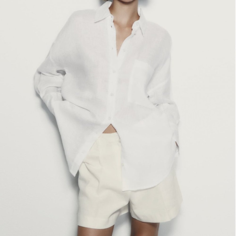 Zara White Long Sleeve Button-Up Linen Shirt